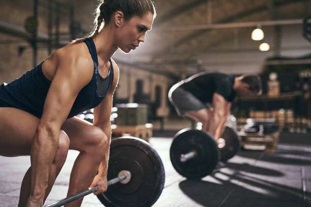 Fit people preparing to deadlift and holding barbells. Horizontal indoors shot